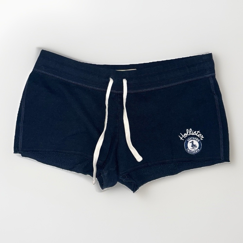 Hollister Womens Navy Blue Fleece Lounge Shorts Logo Drawstring Size Large Y2K